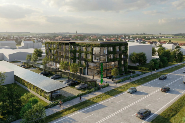 Architekturvisualisierung des Greenhouse Senden mit begrÃ¼nter Fassade, groÃen Glasfronten und belebtem AuÃenbereich mit GrÃ¼nflÃ¤chen.